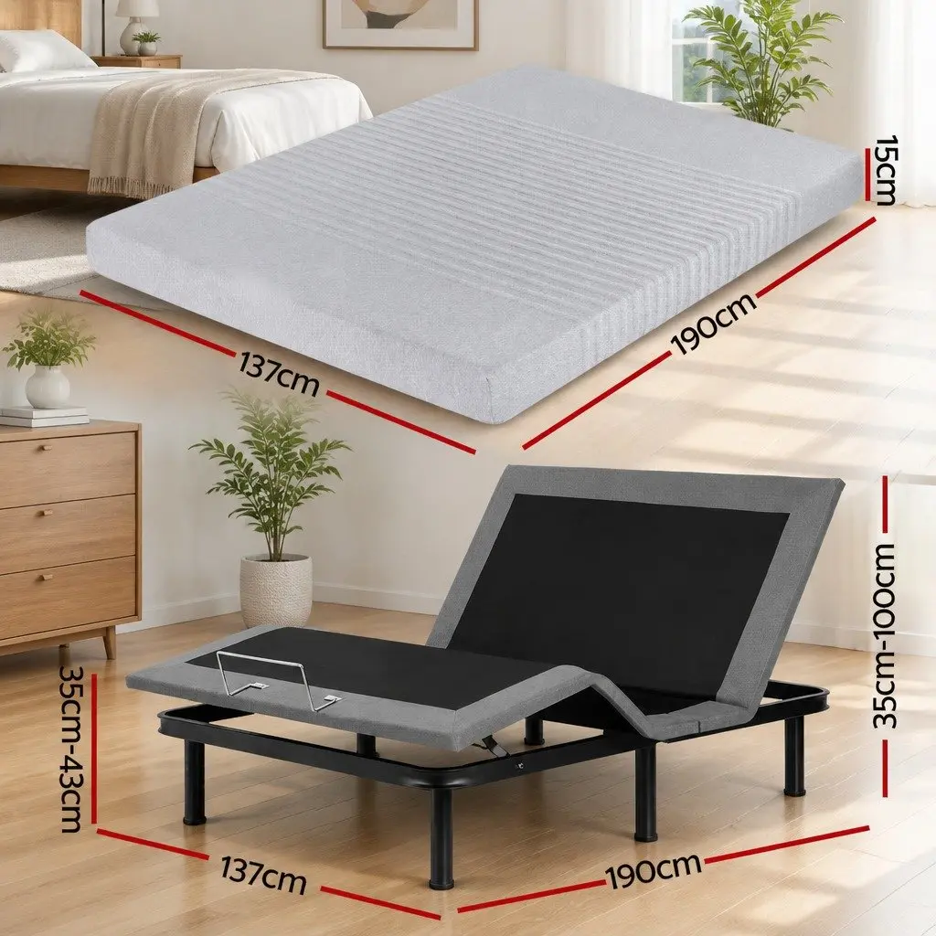 Double Electric Adjustable Bed Frame Black with Memory Foam Mattress Grey 15cm Thick Zero Gravity Positioning