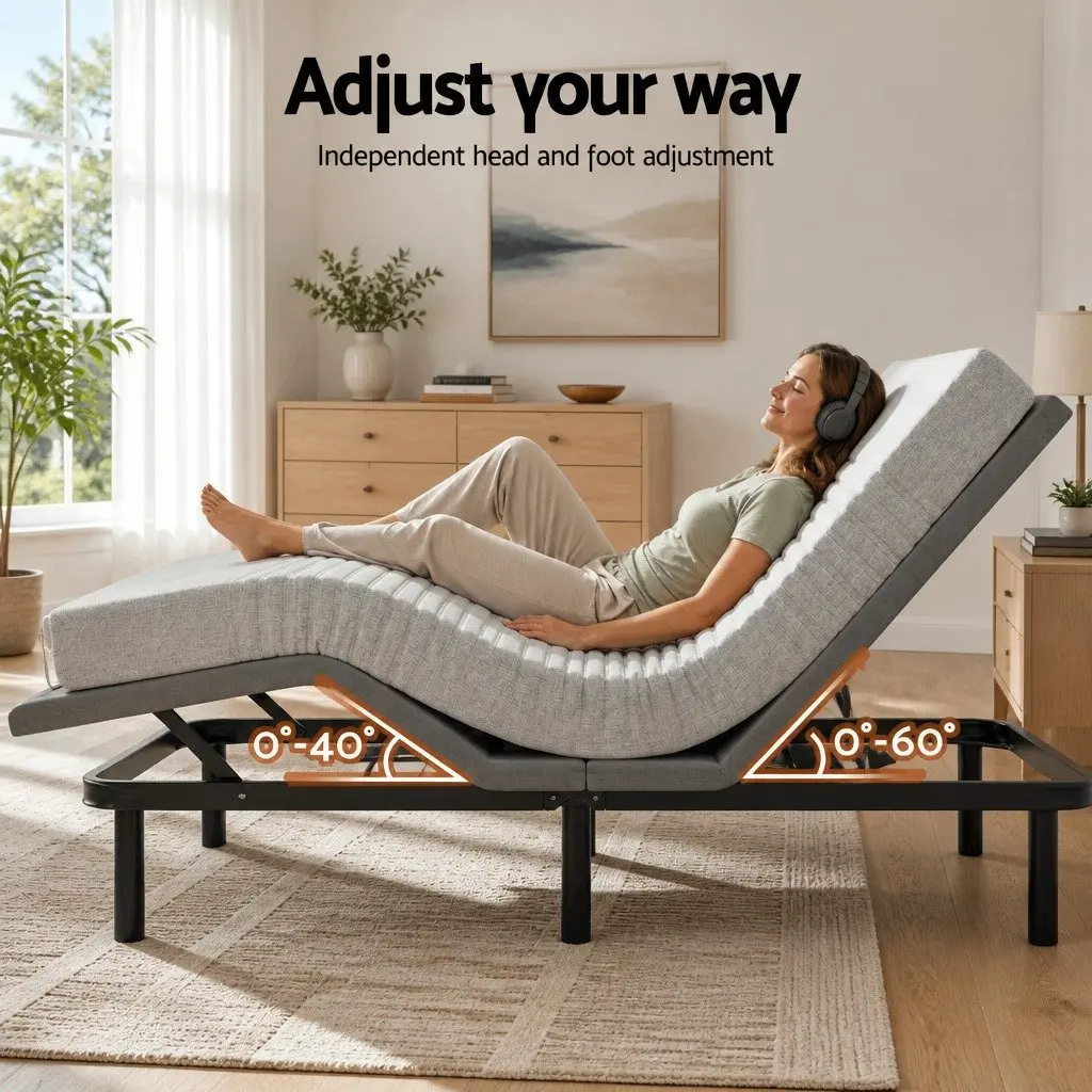 Double Electric Adjustable Bed Frame Black with Memory Foam Mattress Grey 15cm Thick Zero Gravity Positioning