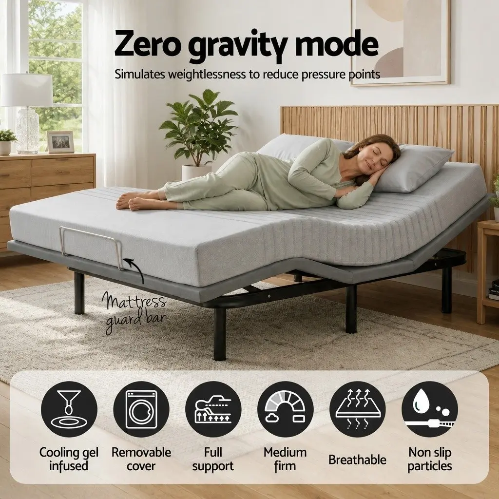 Double Electric Adjustable Bed Frame Black with Memory Foam Mattress Grey 15cm Thick Zero Gravity Positioning