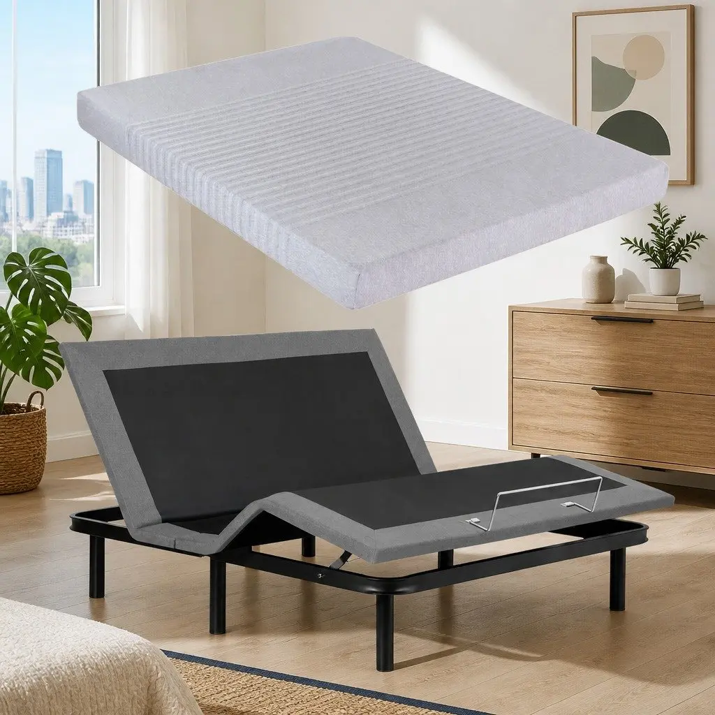 Adjustable Electric Bed Frame King Black with 15cm Thick Memory Foam Mattress Grey Wireless Remote Control Zero Gravity Mode