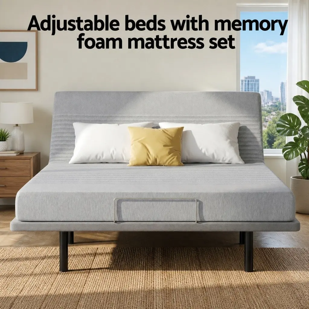 Adjustable Electric Bed Frame King Black with 15cm Thick Memory Foam Mattress Grey Wireless Remote Control Zero Gravity Mode