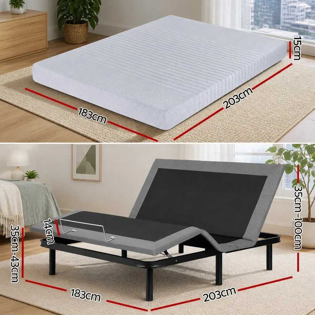 Adjustable Electric Bed Frame King Black with 15cm Thick Memory Foam Mattress Grey Wireless Remote Control Zero Gravity Mode