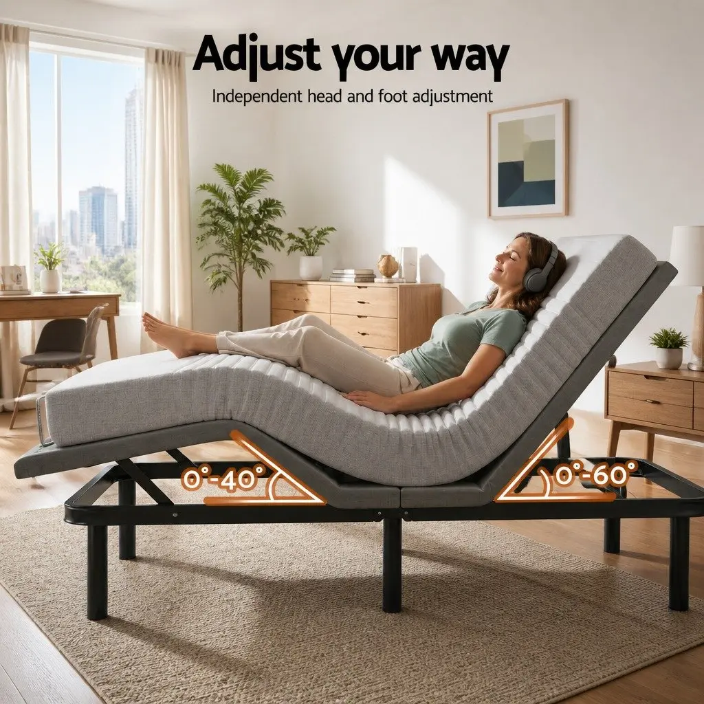 Adjustable Electric Bed Frame King Black with 15cm Thick Memory Foam Mattress Grey Wireless Remote Control Zero Gravity Mode