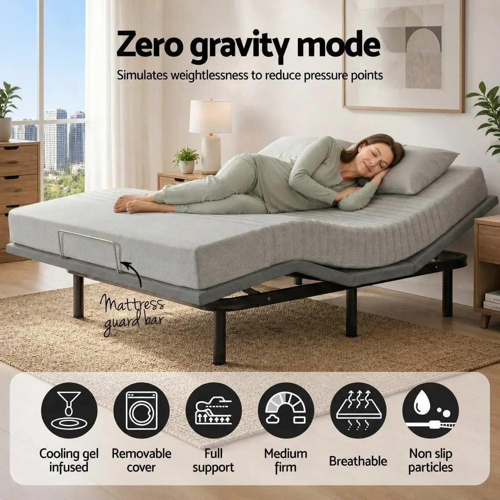 Adjustable Electric Bed Frame King Black with 15cm Thick Memory Foam Mattress Grey Wireless Remote Control Zero Gravity Mode