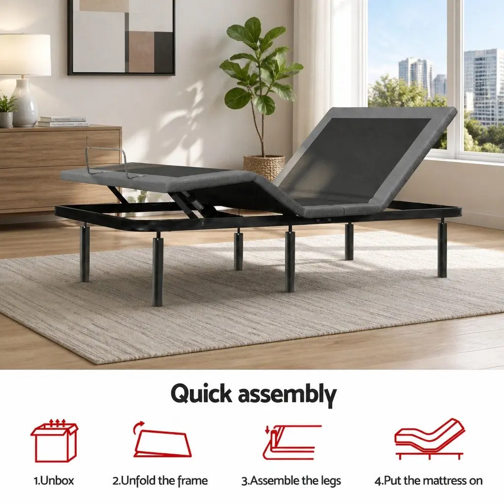 Adjustable Electric Bed Frame King Black with 15cm Thick Memory Foam Mattress Grey Wireless Remote Control Zero Gravity Mode