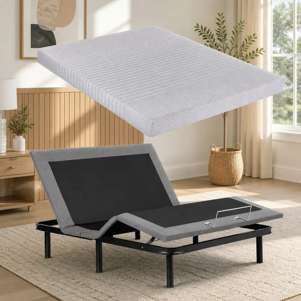 Electric Adjustable Bed Frame Black with Memory Foam Mattress Grey 15cm Thick Customizable Comfort and Support