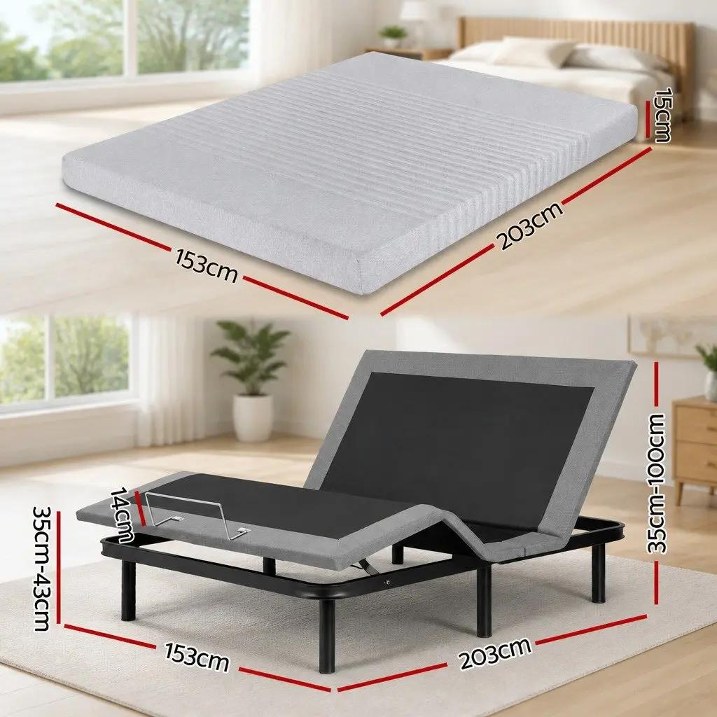 Electric Adjustable Bed Frame Black with Memory Foam Mattress Grey 15cm Thick Customizable Comfort and Support