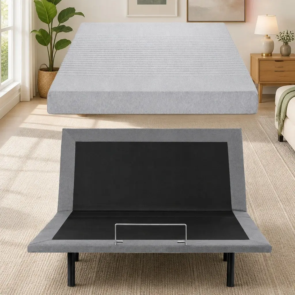Electric Adjustable Bed Frame Black with Memory Foam Mattress Grey 15cm Thick Customizable Comfort and Support
