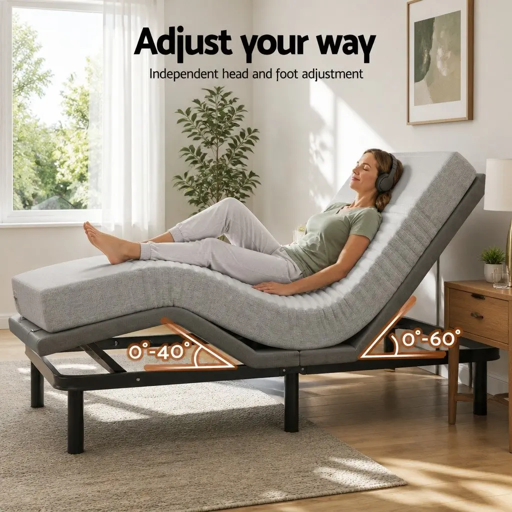 Electric Adjustable Bed Frame Black with Memory Foam Mattress Grey 15cm Thick Customizable Comfort and Support