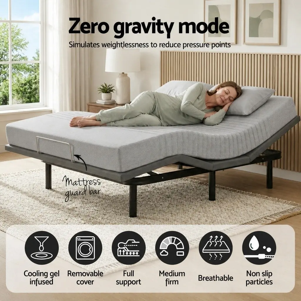 Electric Adjustable Bed Frame Black with Memory Foam Mattress Grey 15cm Thick Customizable Comfort and Support