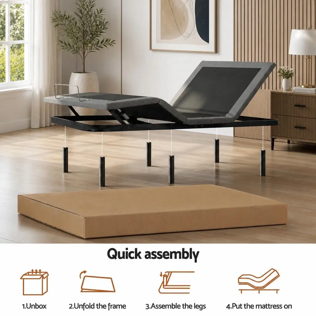 Electric Adjustable Bed Frame Black with Memory Foam Mattress Grey 15cm Thick Customizable Comfort and Support