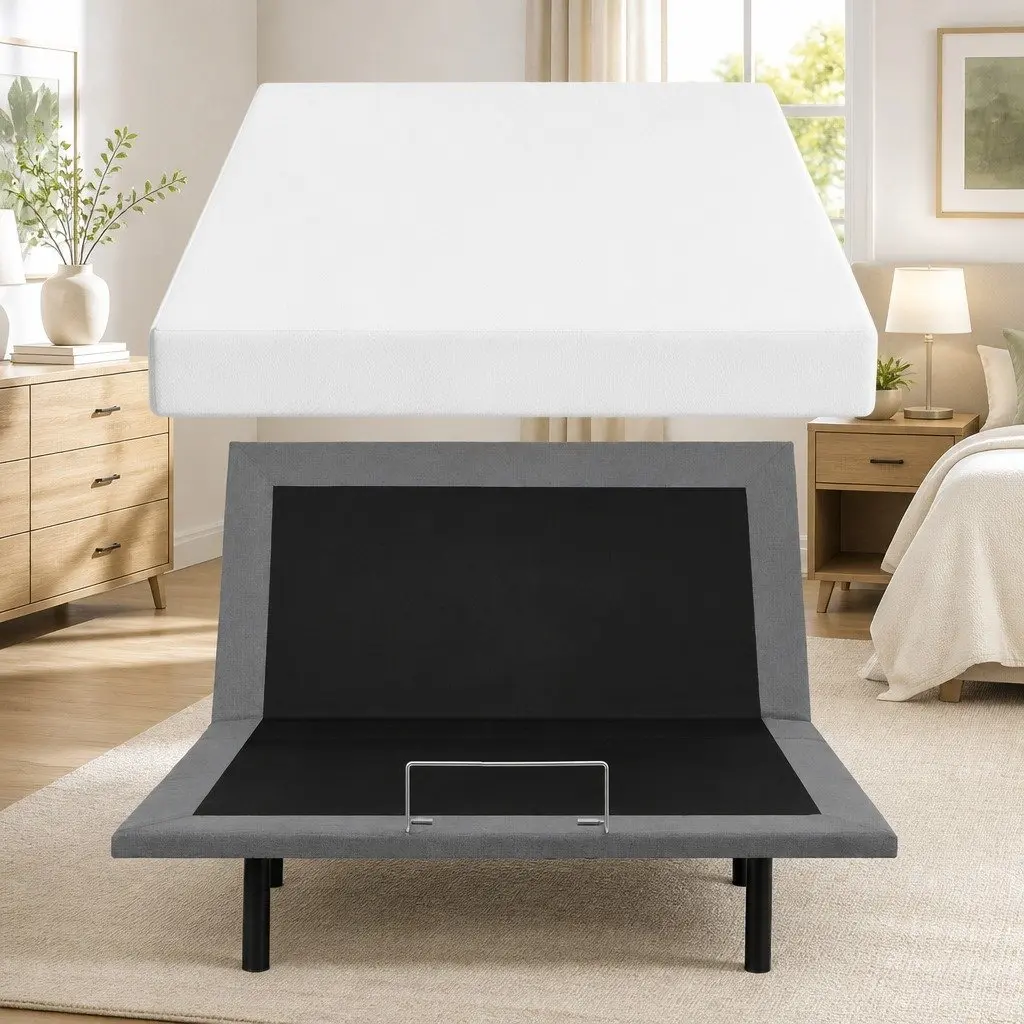 Double Adjustable Bed Frame Black with Memory Foam Mattress White Electric Head Foot Control