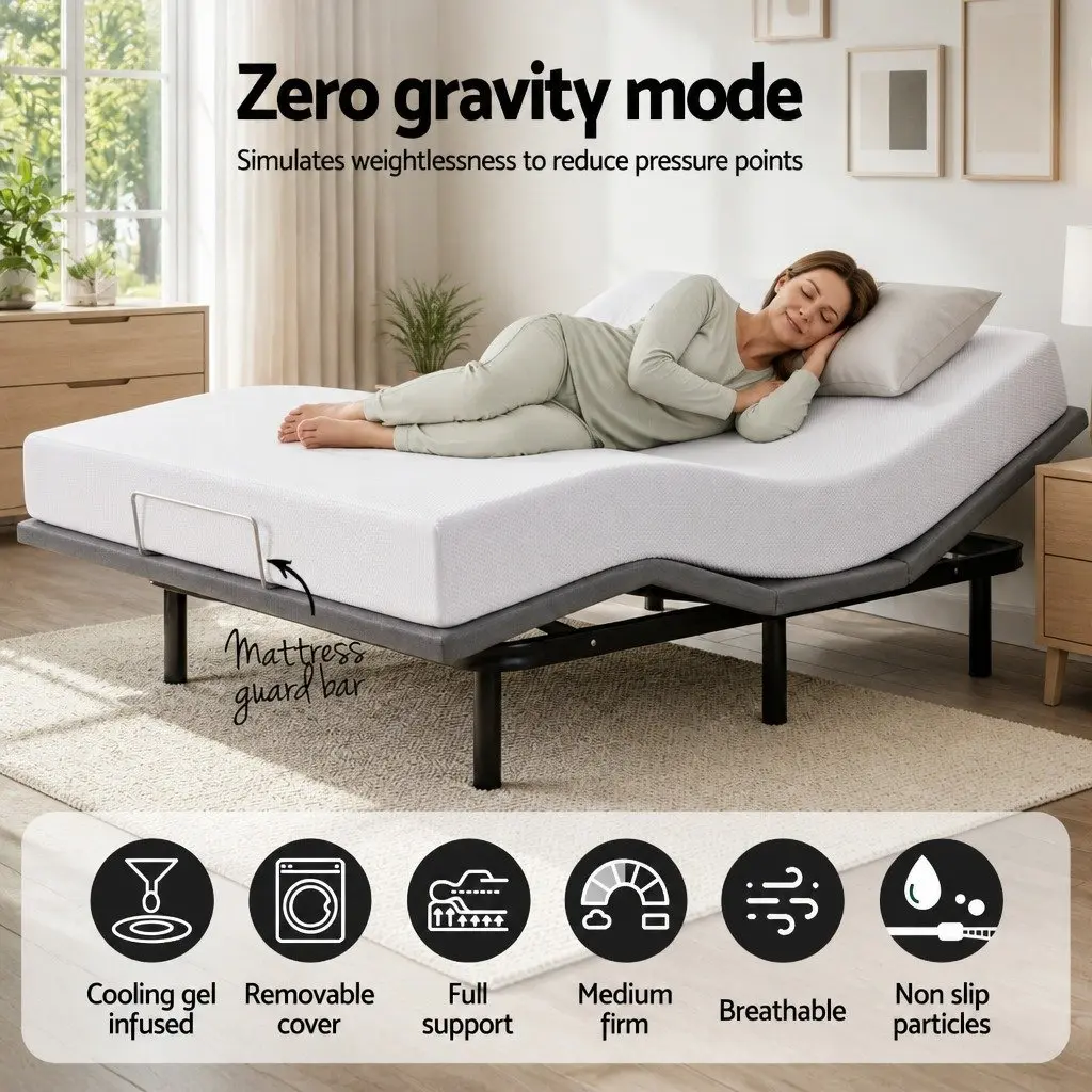 Double Adjustable Bed Frame Black with Memory Foam Mattress White Electric Head Foot Control
