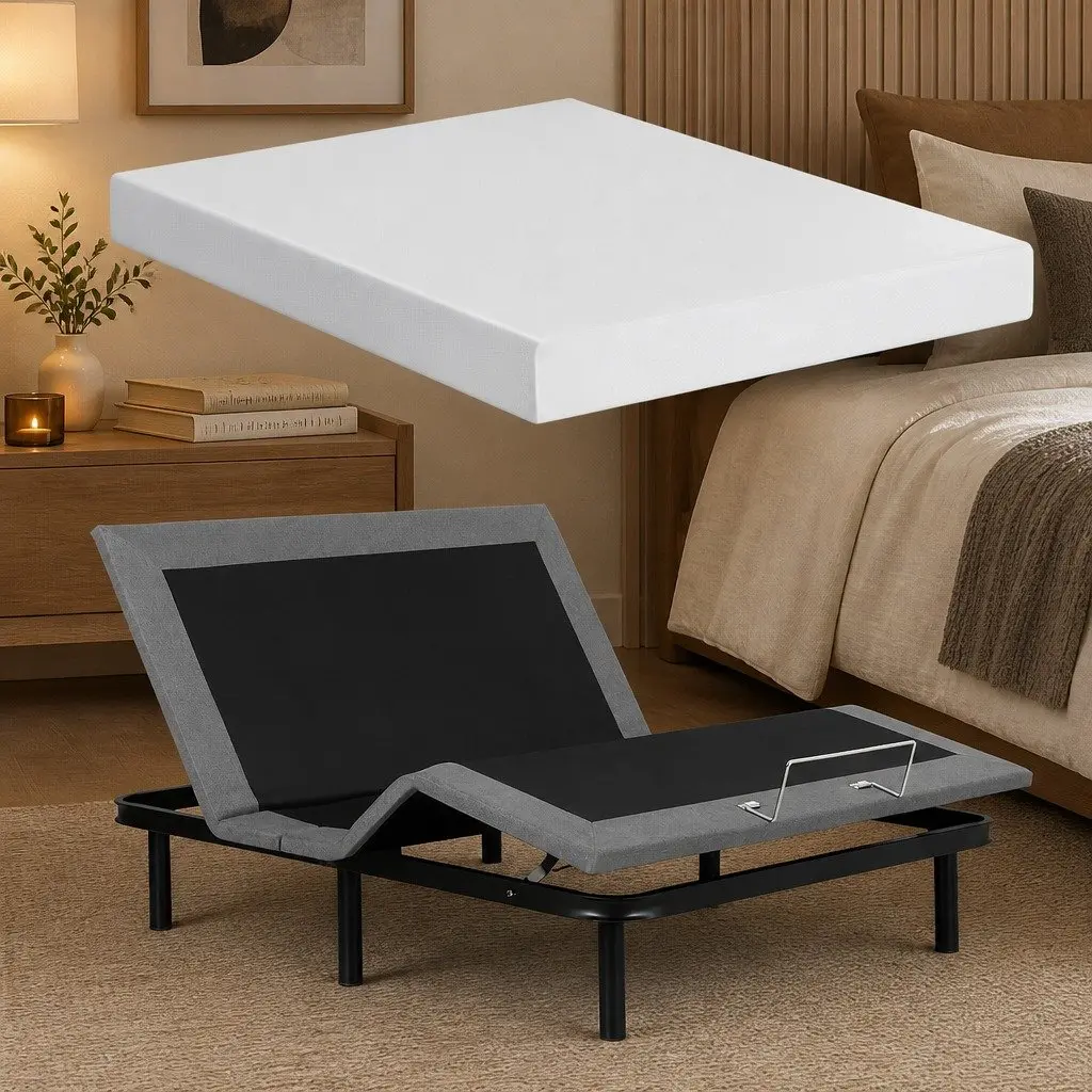 Queen Electric Adjustable Bed Frame Black with Wireless Remote and Memory Foam Mattress 20cm Thick Medium Firm Support