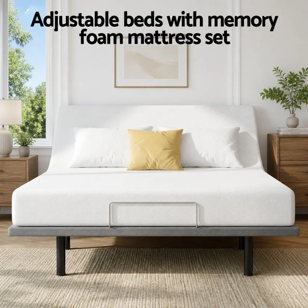 Queen Electric Adjustable Bed Frame Black with Wireless Remote and Memory Foam Mattress 20cm Thick Medium Firm Support