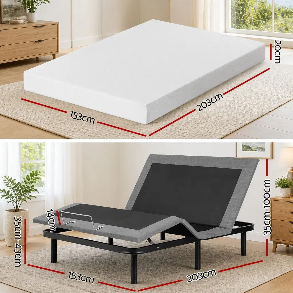 Queen Electric Adjustable Bed Frame Black with Wireless Remote and Memory Foam Mattress 20cm Thick Medium Firm Support