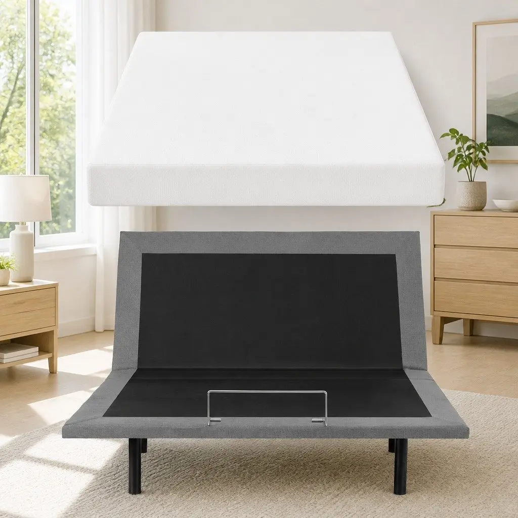 Queen Electric Adjustable Bed Frame Black with Wireless Remote and Memory Foam Mattress 20cm Thick Medium Firm Support