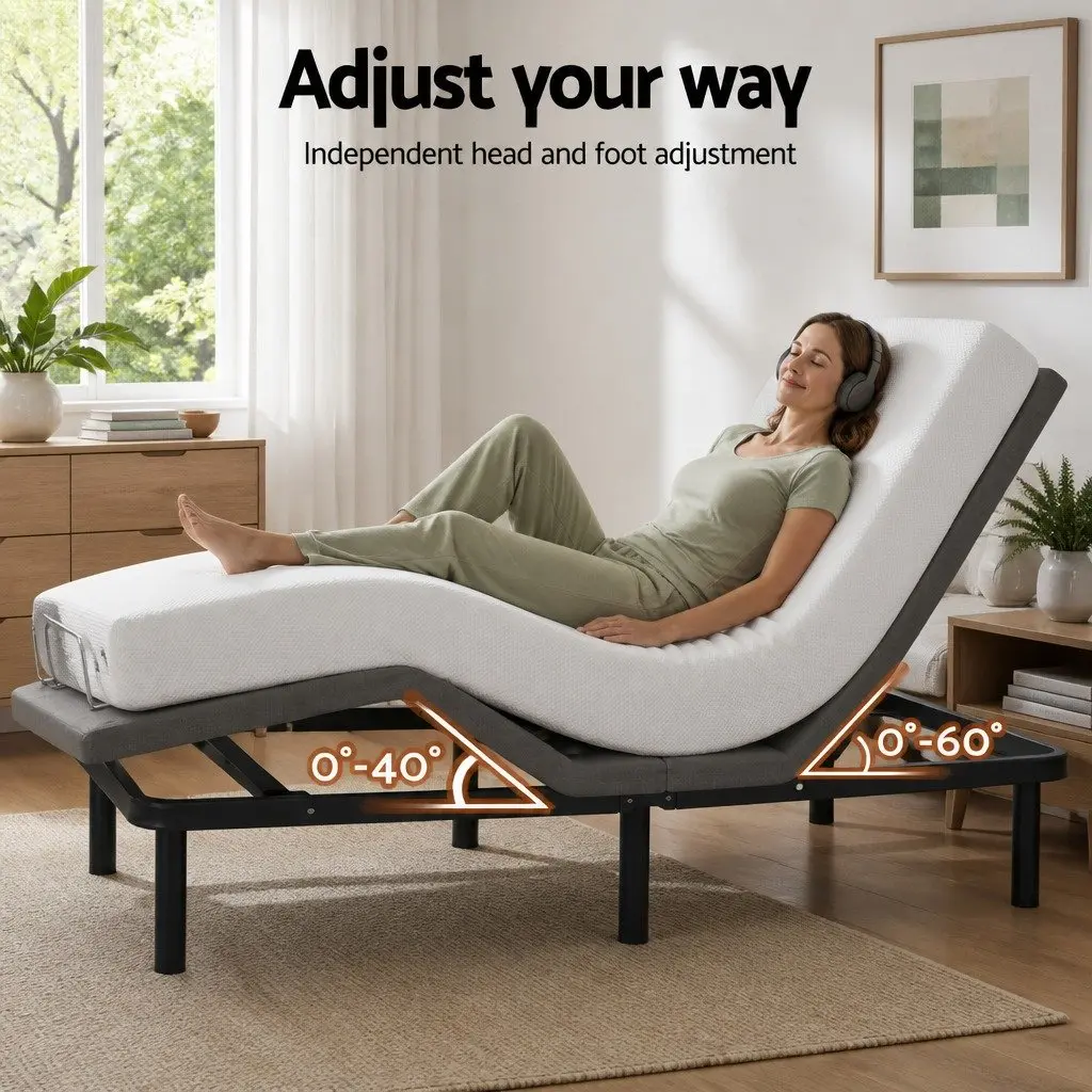 Queen Electric Adjustable Bed Frame Black with Wireless Remote and Memory Foam Mattress 20cm Thick Medium Firm Support