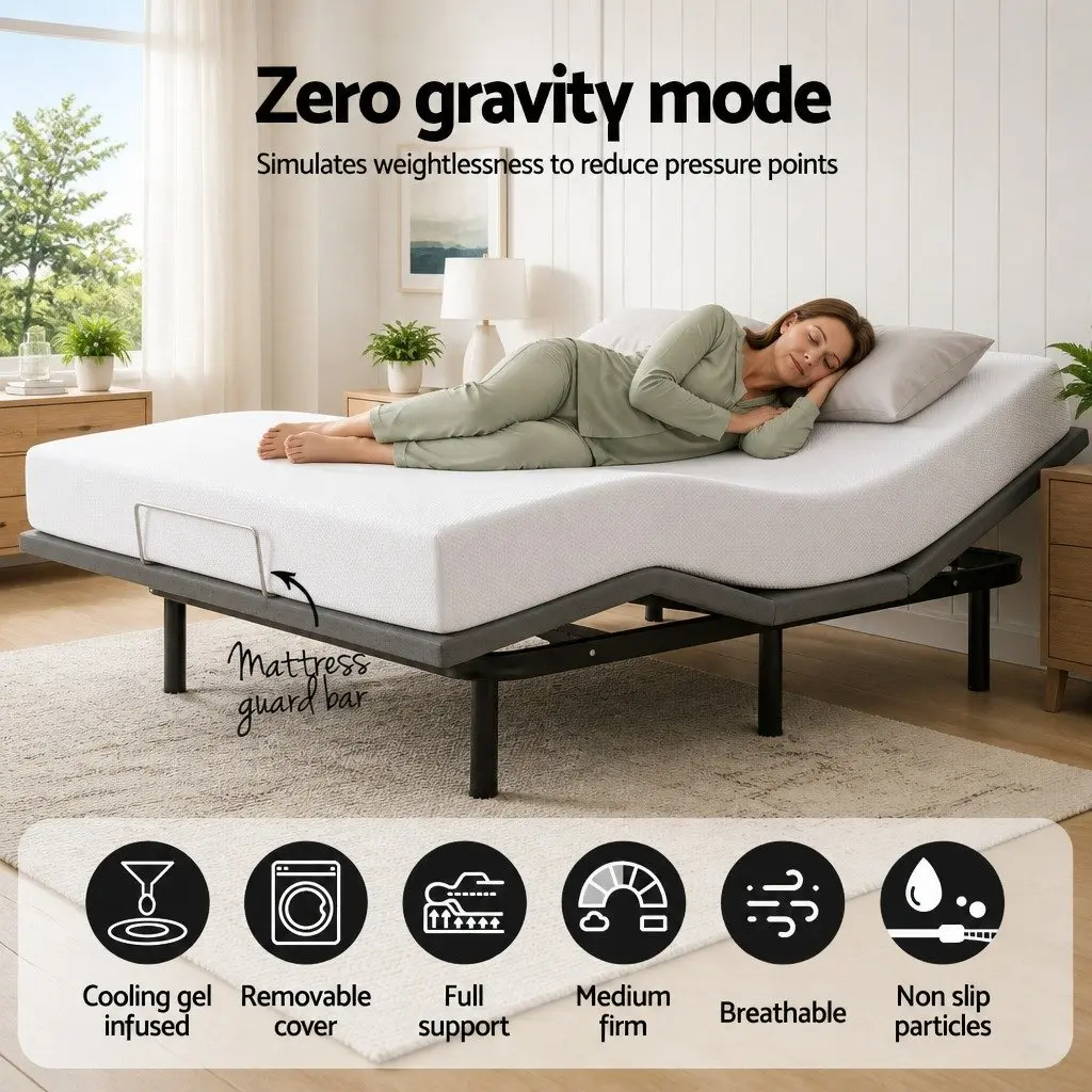 Queen Electric Adjustable Bed Frame Black with Wireless Remote and Memory Foam Mattress 20cm Thick Medium Firm Support
