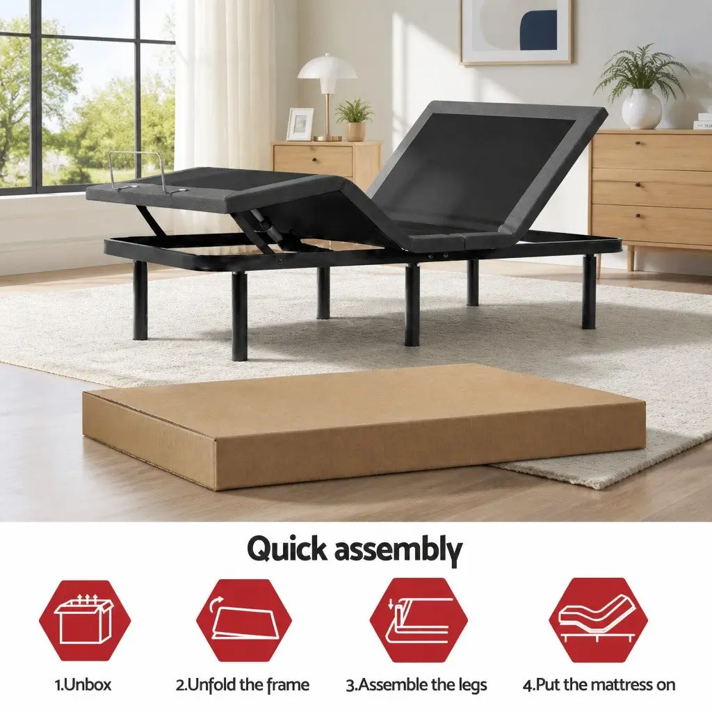 Queen Electric Adjustable Bed Frame Black with Wireless Remote and Memory Foam Mattress 20cm Thick Medium Firm Support