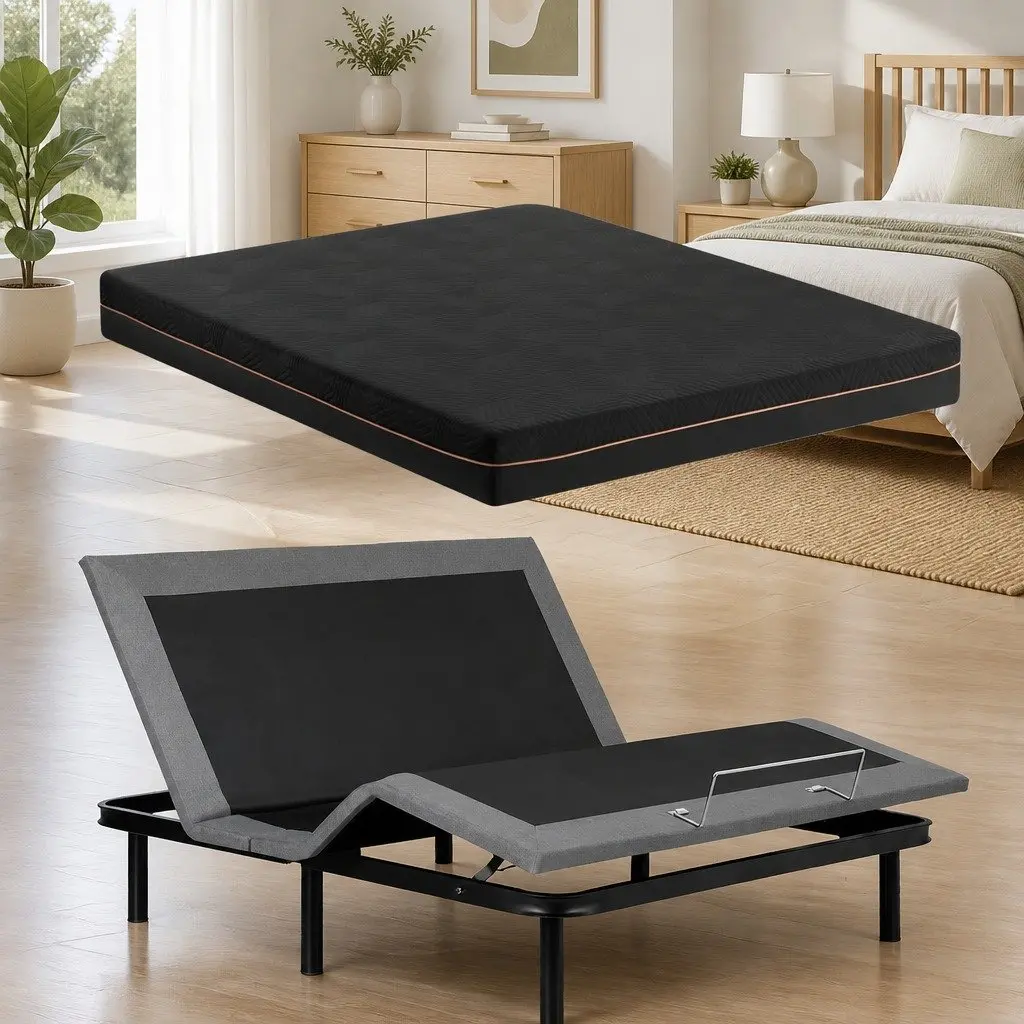King Size Electric Adjustable Bed Frame Black with Memory Foam Mattress Medium-Firm Support Wireless Remote Control