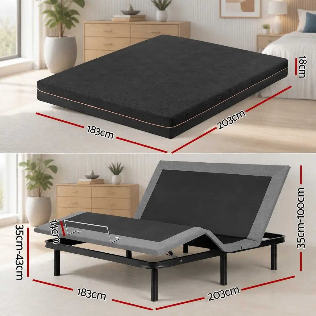 King Size Electric Adjustable Bed Frame Black with Memory Foam Mattress Medium-Firm Support Wireless Remote Control