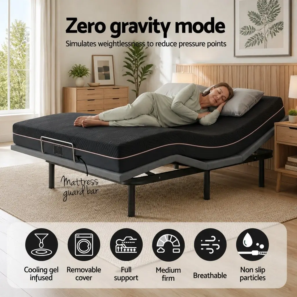 King Size Electric Adjustable Bed Frame Black with Memory Foam Mattress Medium-Firm Support Wireless Remote Control