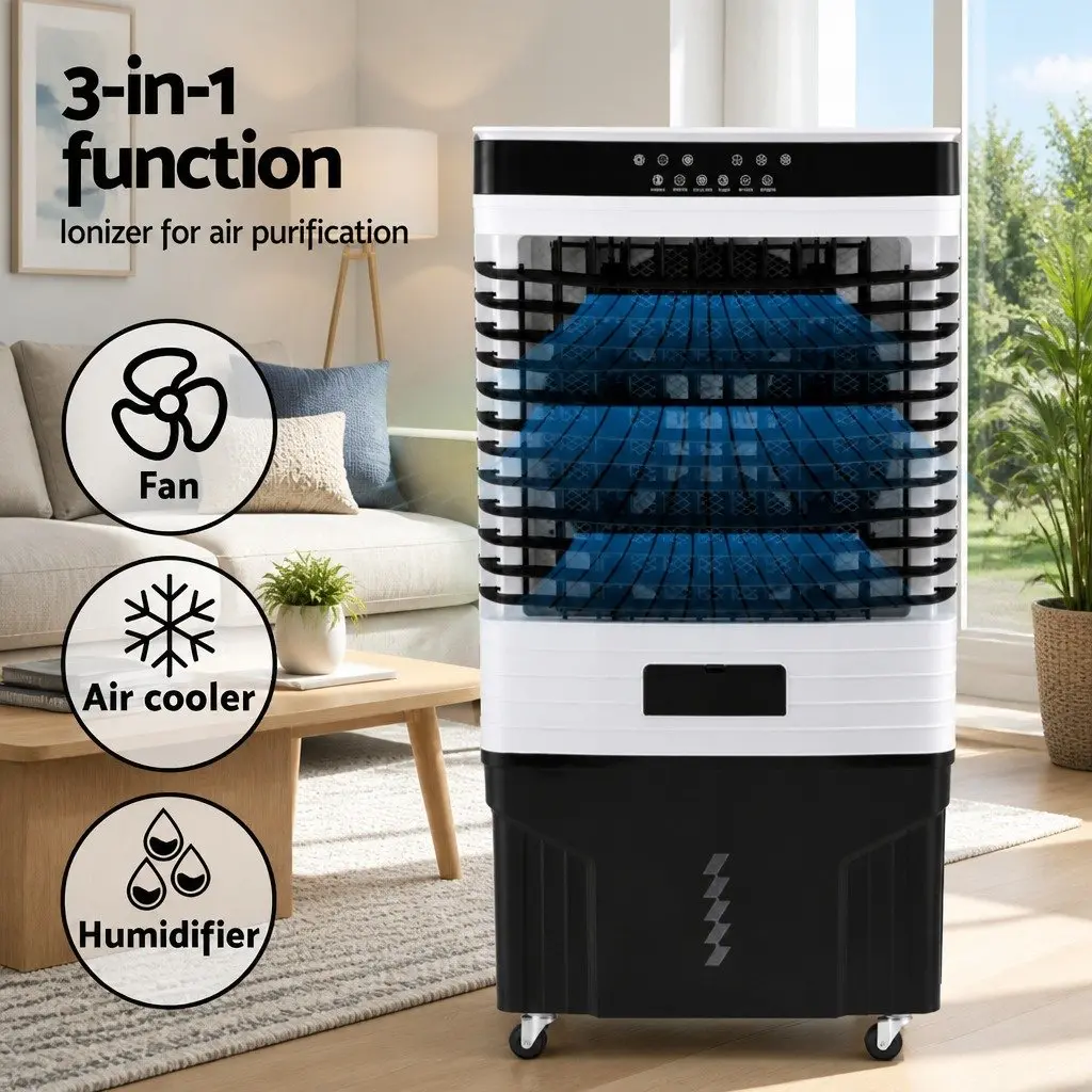 Evaporative Air Cooler White 60L Tank 3-in-1 Humidifier Purifier LED Remote Control