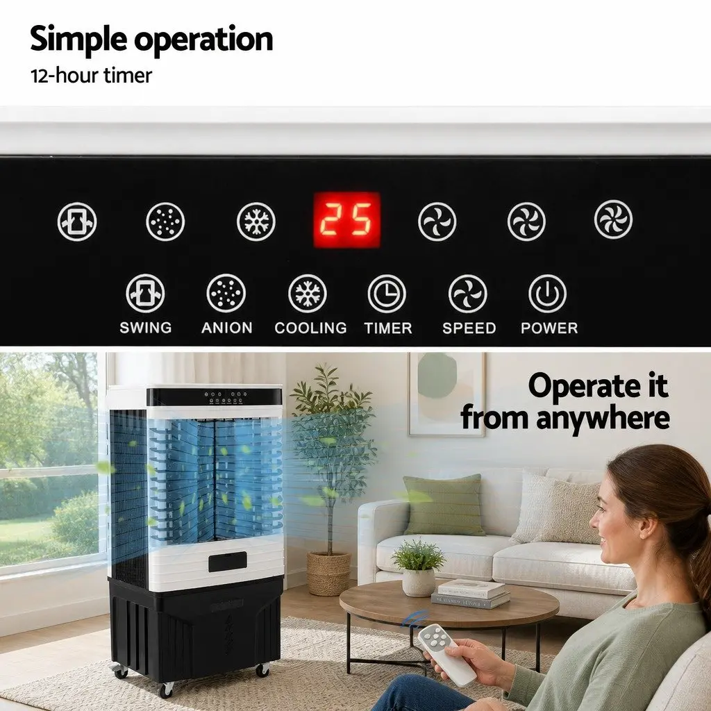 Evaporative Air Cooler White 60L Tank 3-in-1 Humidifier Purifier LED Remote Control