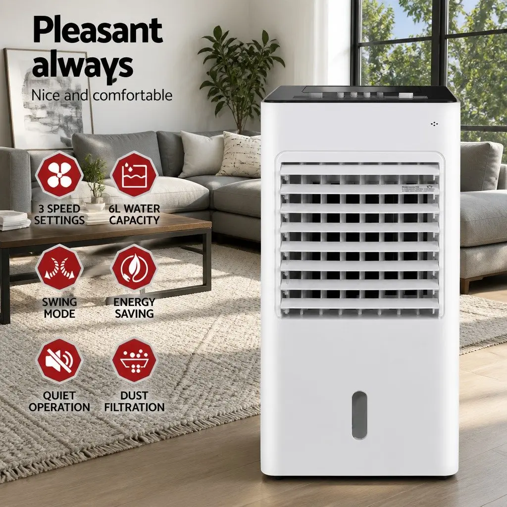 Evaporative Air Cooler Black and White 6L Water Tank 4 in 1 Humidifier Purifier Fan Portable