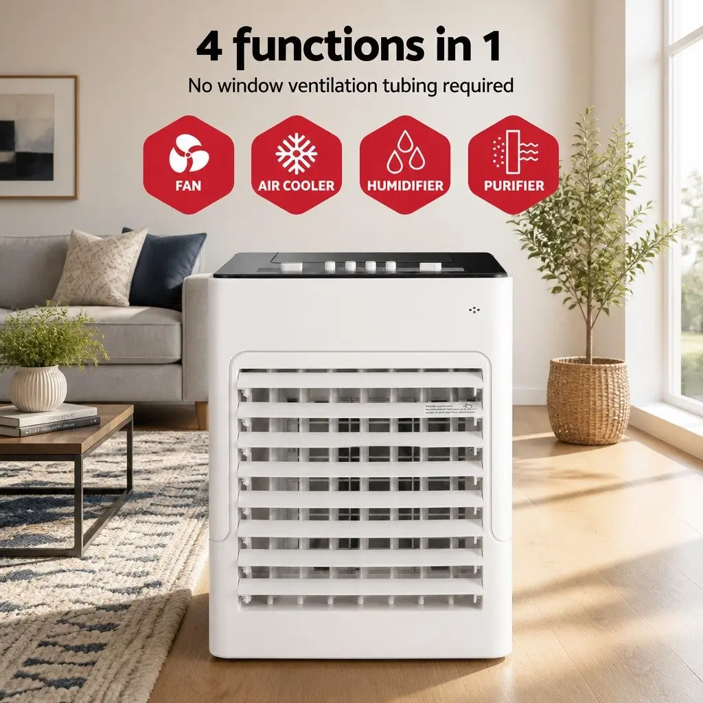 Evaporative Air Cooler Black and White 6L Water Tank 4 in 1 Humidifier Purifier Fan Portable