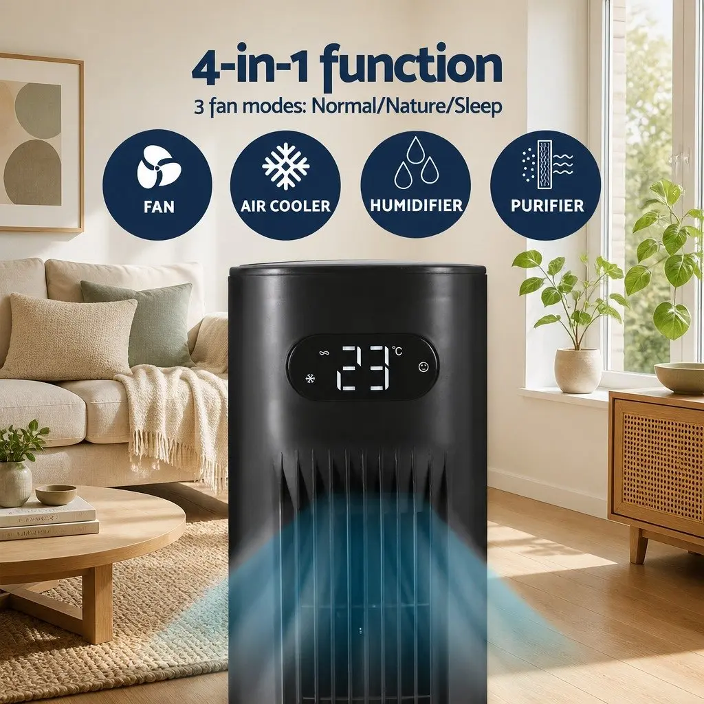Evaporative Air Cooler Black 7L Water Tank 4-in-1 Fan Humidifier Purifier Remote Control