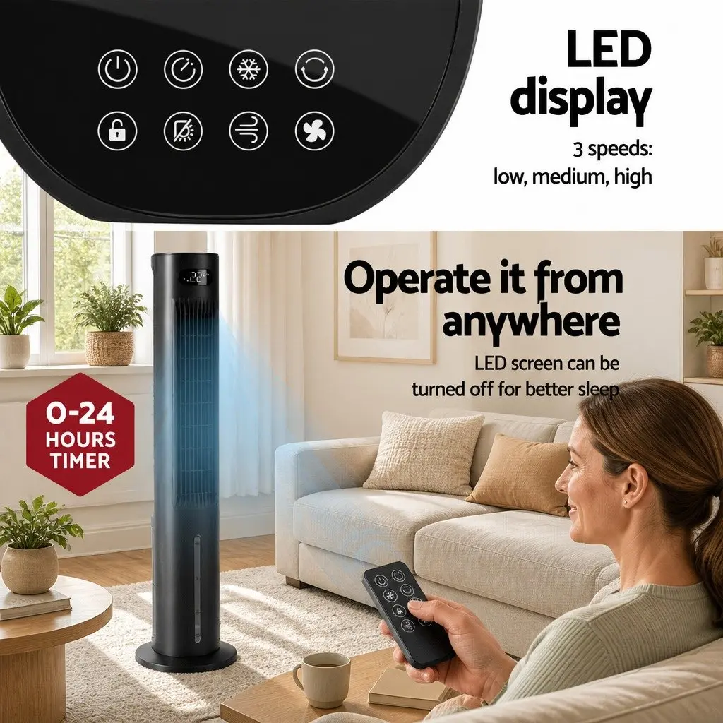 Evaporative Air Cooler Black 7L Water Tank 4-in-1 Fan Humidifier Purifier Remote Control
