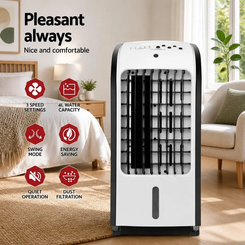 Evaporative Air Cooler Black and White 4L Portable Remote Control 4-in-1 Cooling Fan