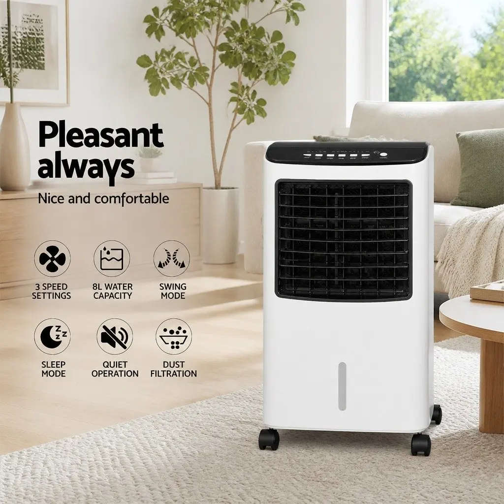 Evaporative Air Cooler Black and White 8L Humidifier Purifier Fan Remote Control