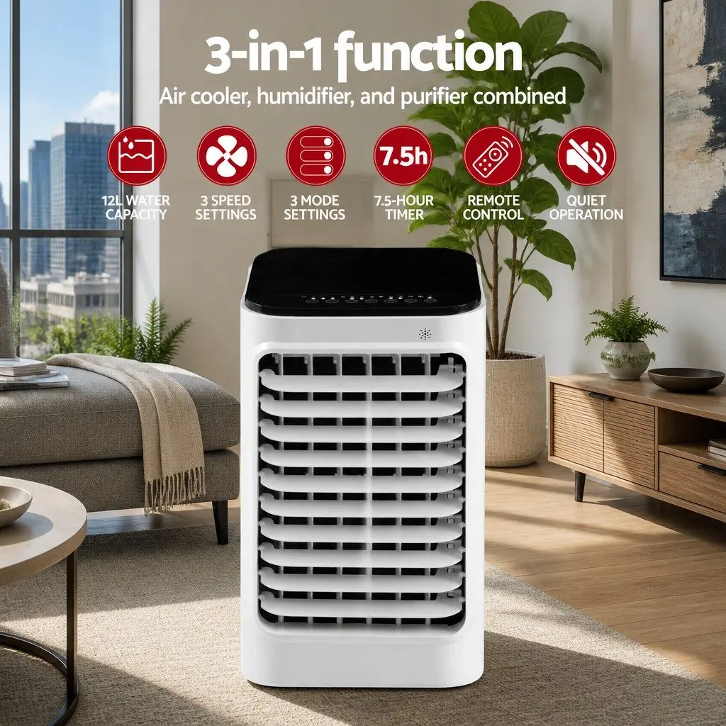 Evaporative Air Cooler 12L Water Tank Portable Humidifier Purifier White