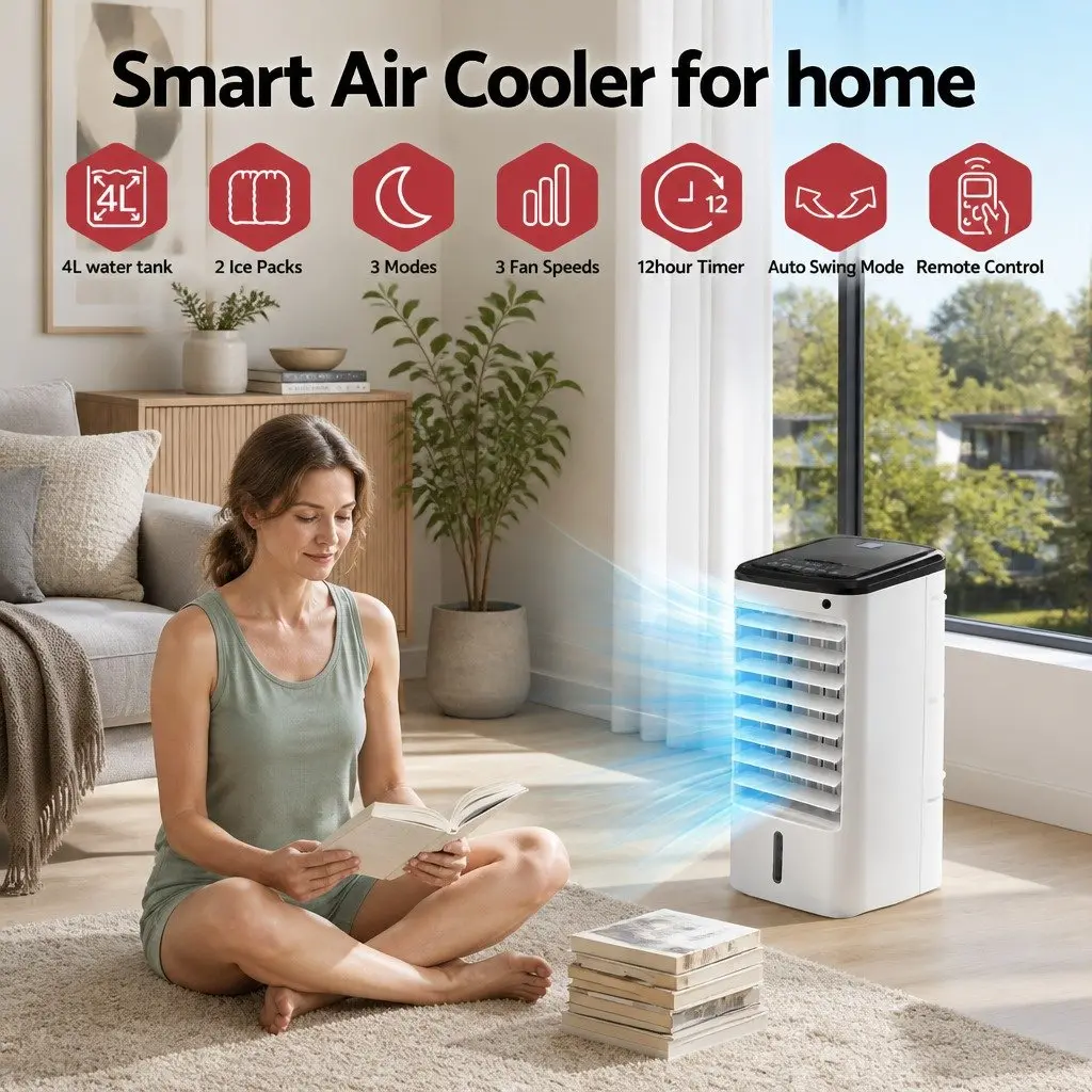 Evaporative Air Cooler White 4L Tank 3-in-1 Humidifier Fan Remote Control