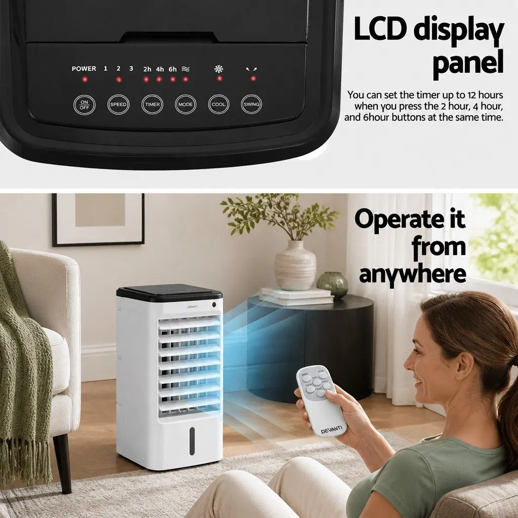 Evaporative Air Cooler White 4L Tank 3-in-1 Humidifier Fan Remote Control