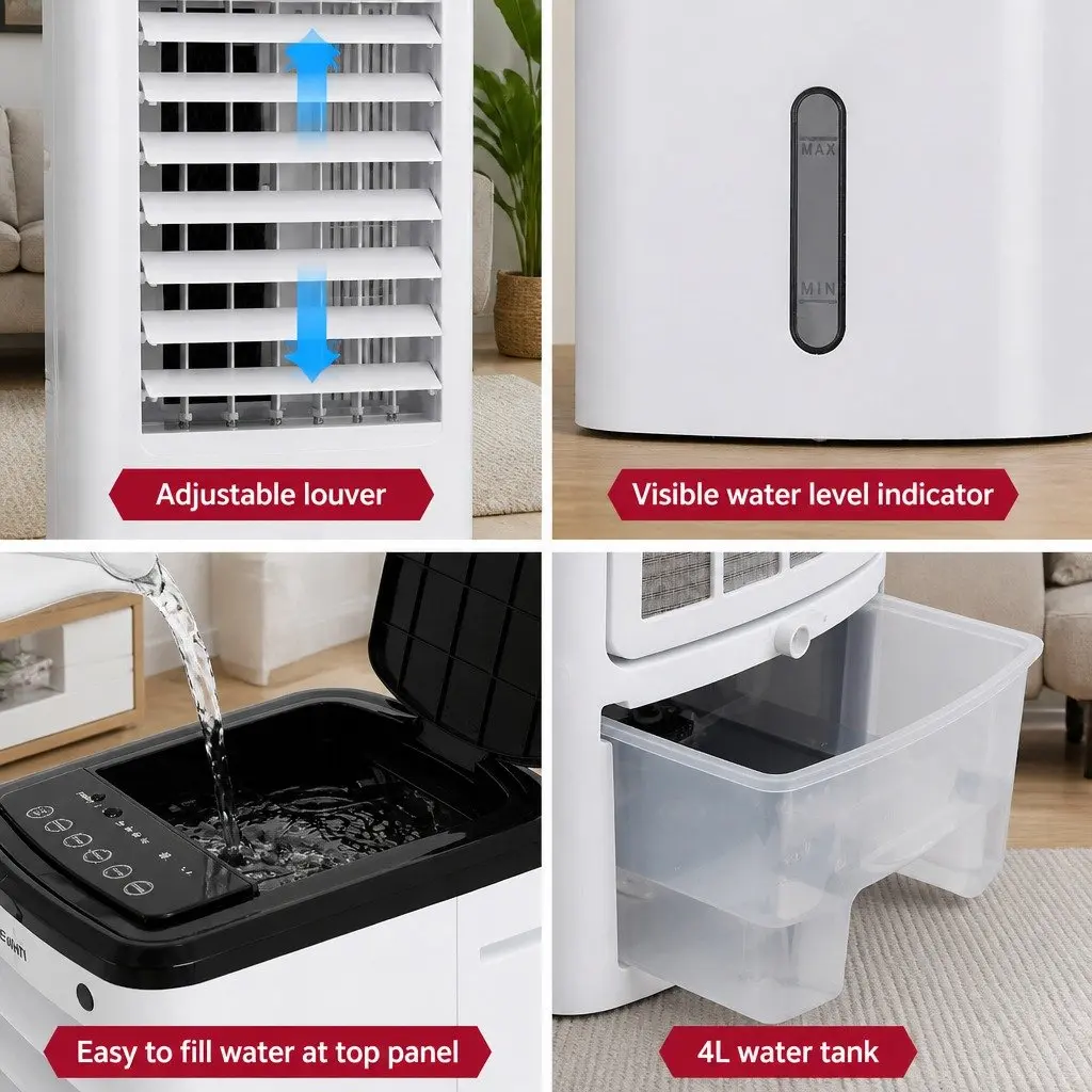Evaporative Air Cooler White 4L Tank 3-in-1 Humidifier Fan Remote Control