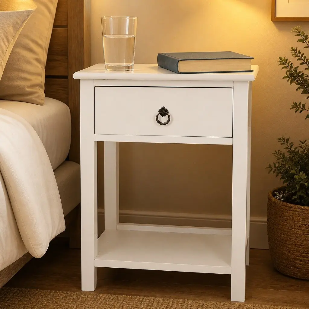 Bedside Table White Wooden Modern Storage with Drawers