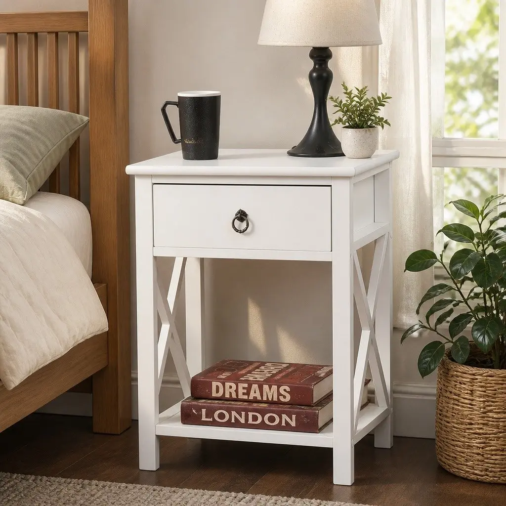 Bedside Table White Wooden Modern Storage with Drawers