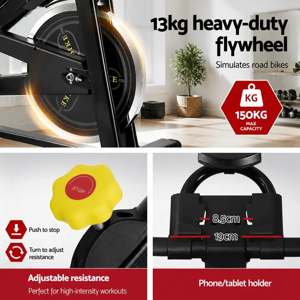 Exercise Bike Black Adjustable Bluetooth APP Connectable 13kg Flywheel
