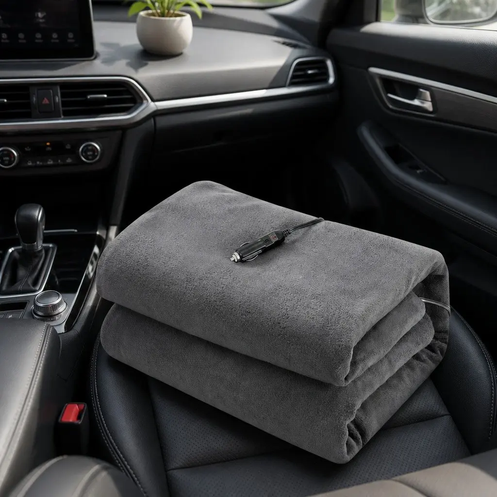 Electric Car Blanket Grey 150cm x 110cm 12V DC Heated Rug for Vehicles Camping