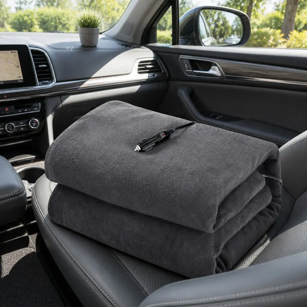 Electric Car Blanket Grey 150cm x 110cm 12V DC Heated Rug for Vehicles Camping