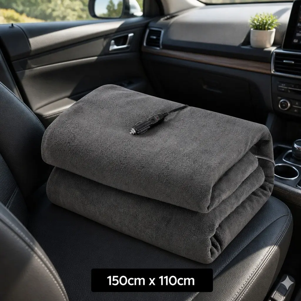 Electric Car Blanket Grey 150cm x 110cm 12V DC Heated Rug for Vehicles Camping