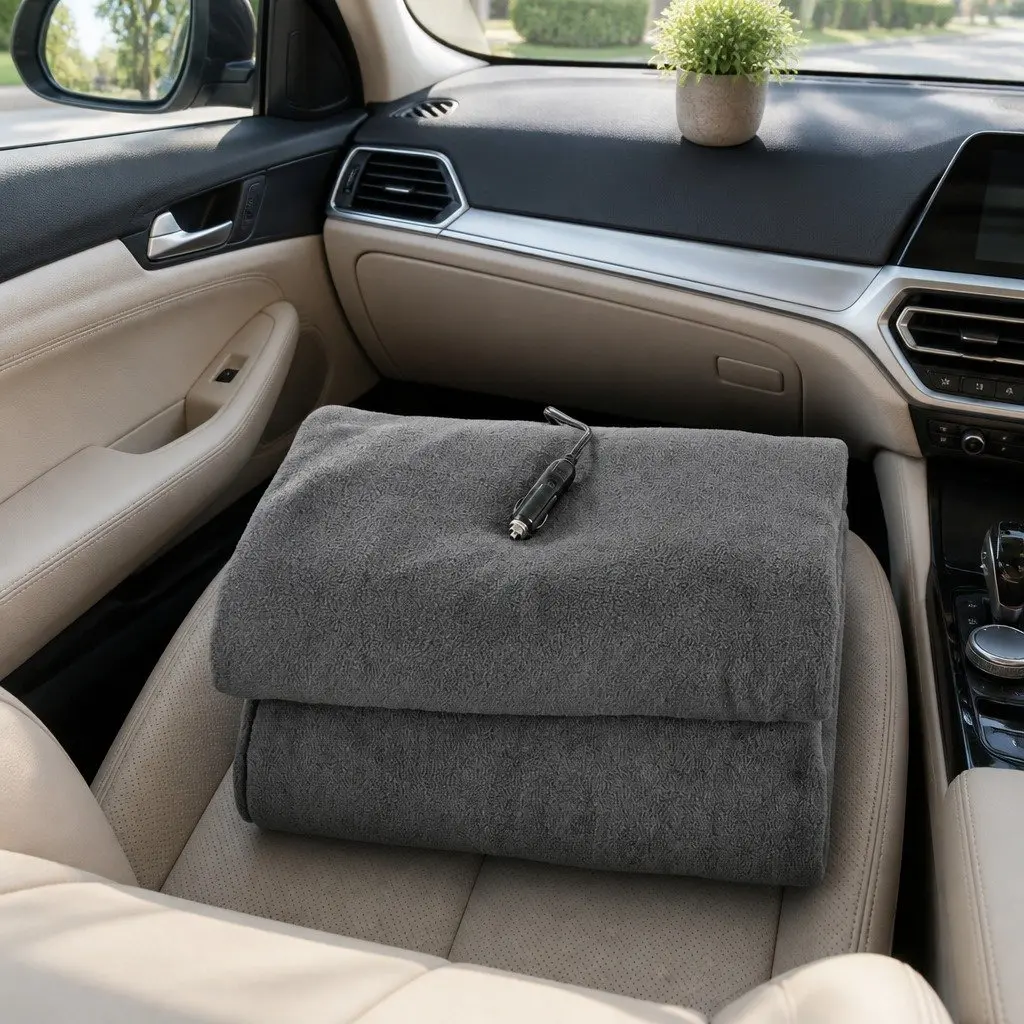 Electric Car Blanket Grey 150cm x 110cm 12V DC Heated Rug for Vehicles Camping