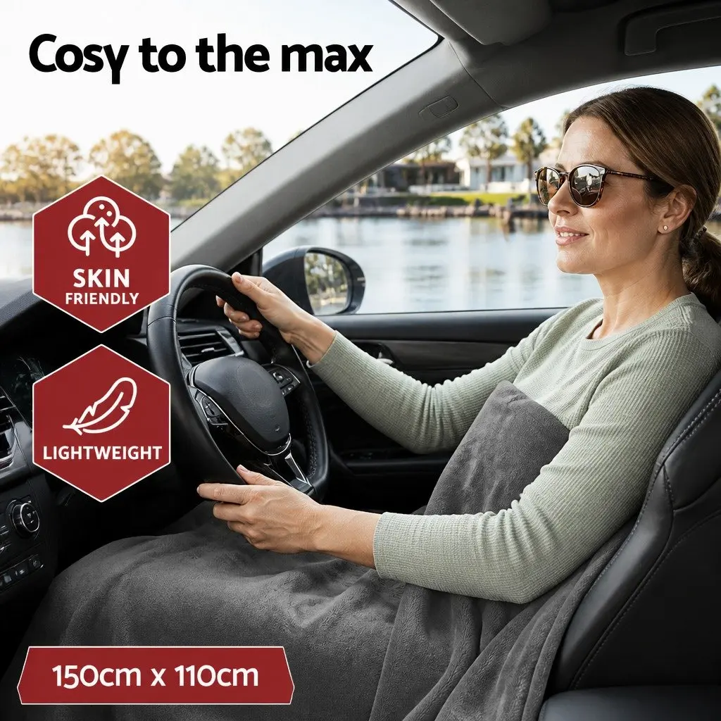Electric Car Blanket Grey 150cm x 110cm 12V DC Heated Rug for Vehicles Camping