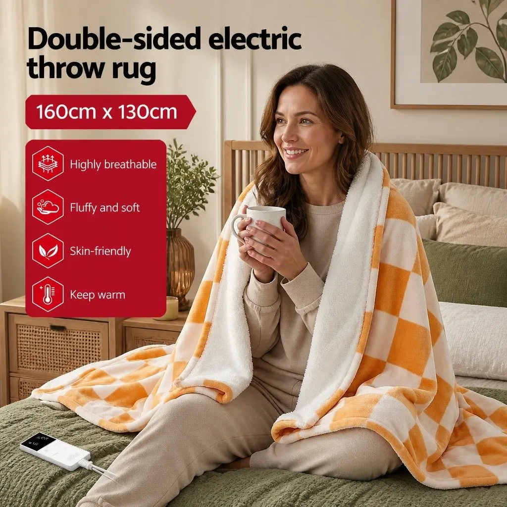 Electric Throw Rug Yellow 160cm x 130cm Dual Sided Flannel Sherpa 9 Temperature Settings