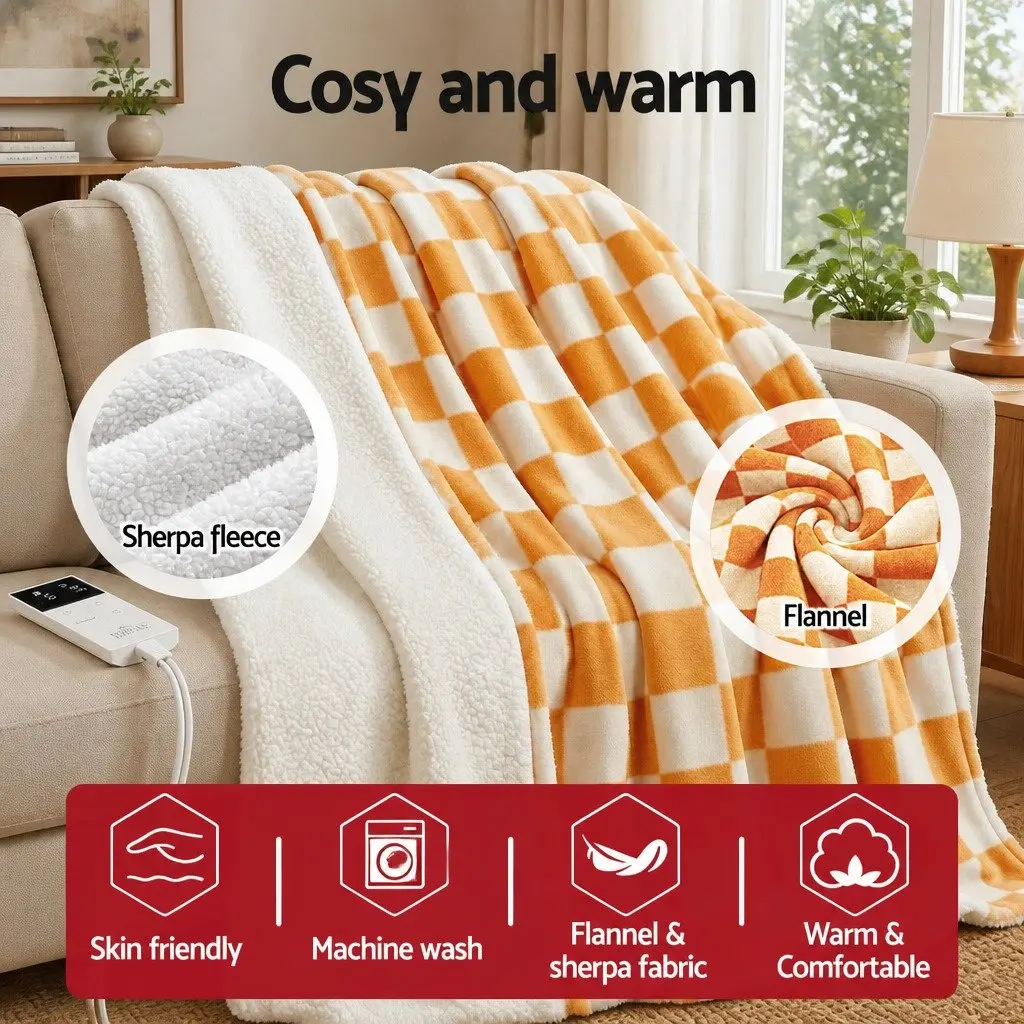 Electric Throw Rug Yellow 160cm x 130cm Dual Sided Flannel Sherpa 9 Temperature Settings