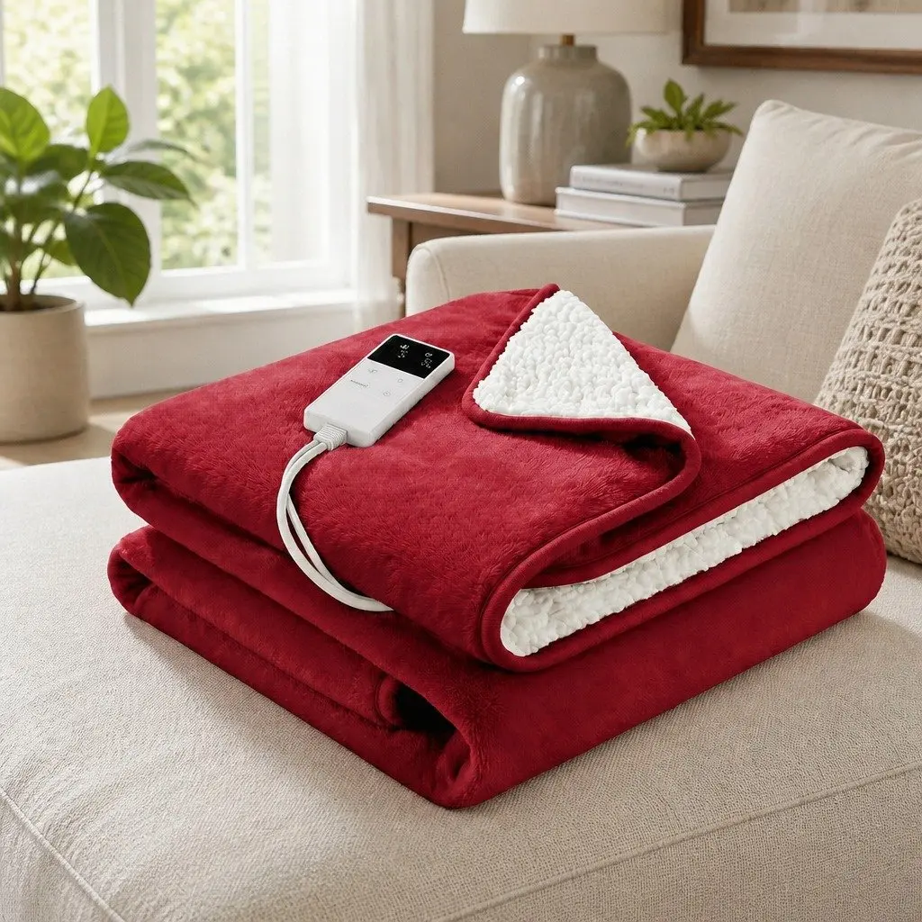 Electric Heated Throw Rug Burgundy Double-Sided Flannel Sherpa Blanket 9